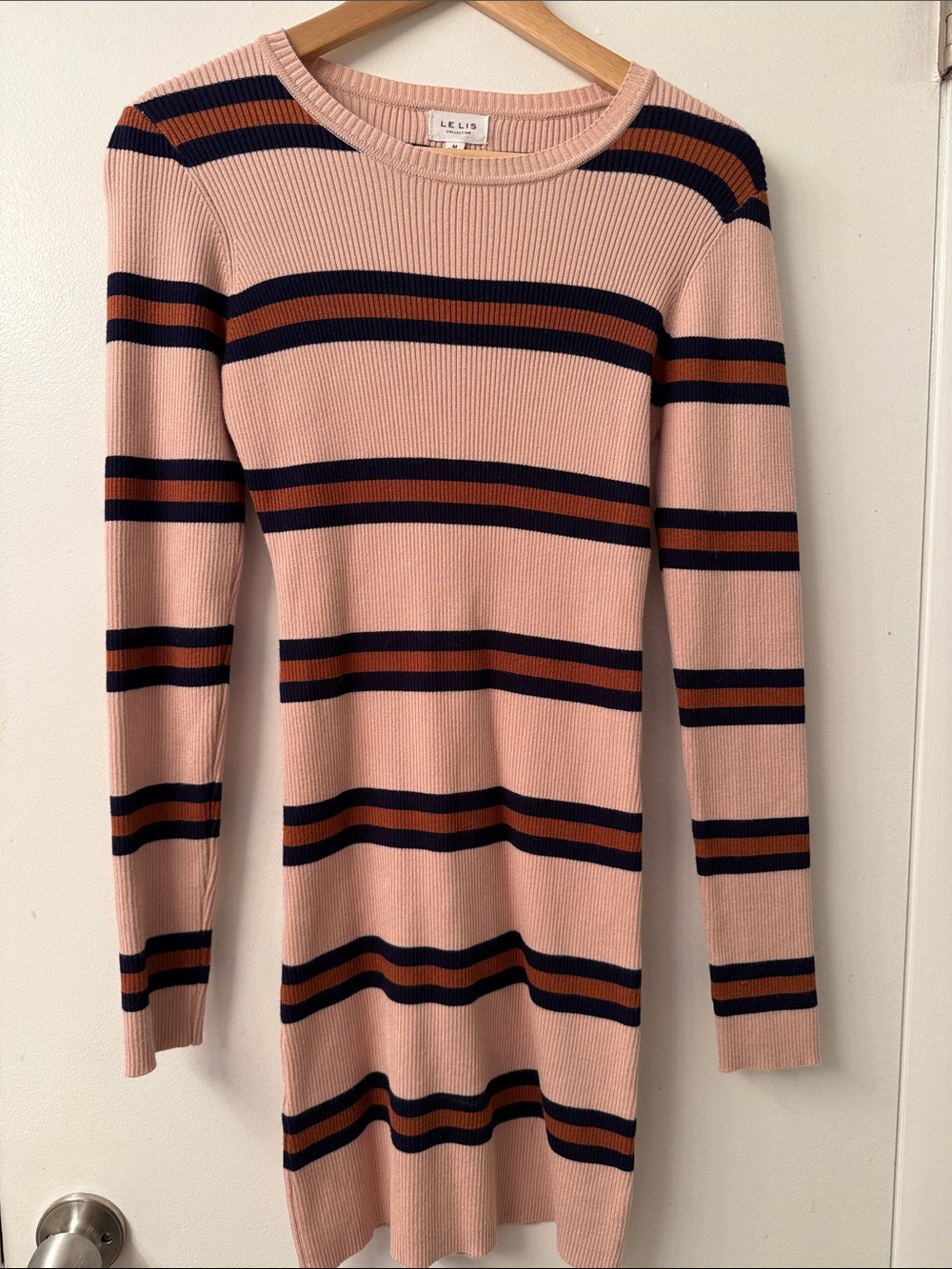 NWOT Striped Crewneck Knit Dress - Blush Pink with Navy & Brown Stripes